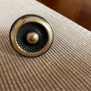 Vintage Solid Brass Knob. 1.25” round. Markings on back GDN/3378. Ethan Allen?
